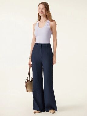 NWT OGL European Linen Mid Rise Flared Pant with Pockets in Navy
